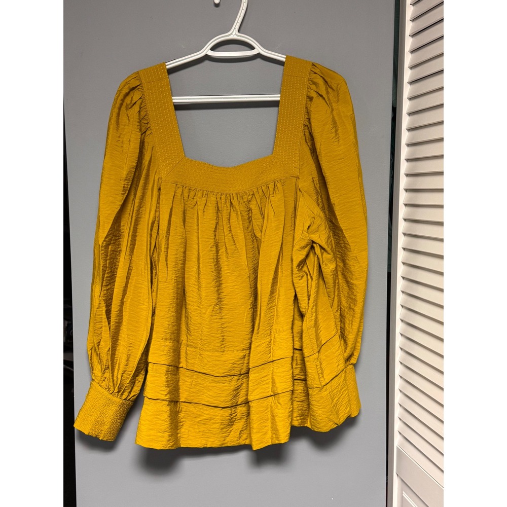 Maeve Anthropologie Mustard Yellow Square Neck Puff Sleeve Blouse OB2191813 L
